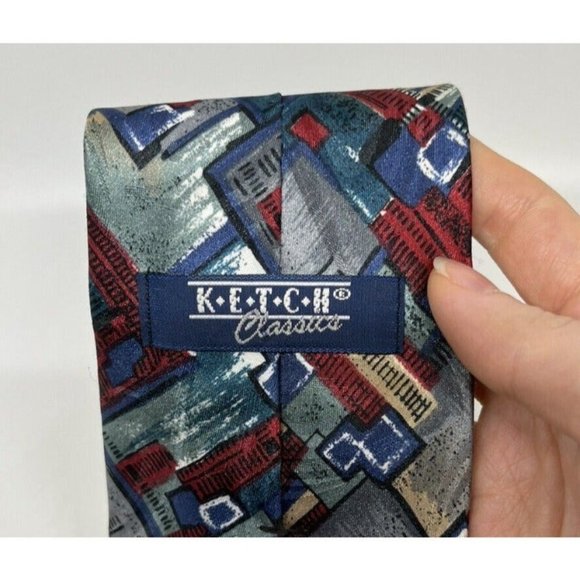 Men's Ketch Classics Neckties Made In USA Abstract Pattern Blue & Red Polyester - Picture 6 of 9
